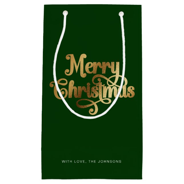 Bolsa De Regalo Pequeña Elegante guión de Moda Dorado Verde Feliz Navidad (Anverso)