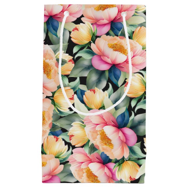 Bolsa De Regalo Pequeña Elegante Peony acuarela sobre negro (Anverso)