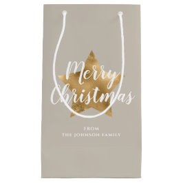 Bolsa De Regalo Pequeña Elegante Taupe Gold Star Feliz Navidad