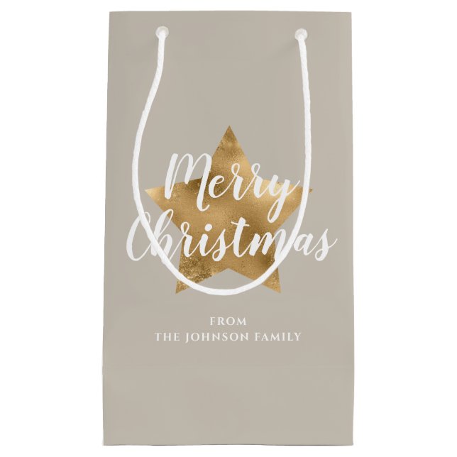 Bolsa De Regalo Pequeña Elegante Taupe Gold Star Feliz Navidad (Anverso)