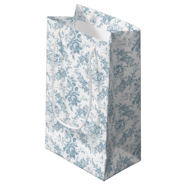 Bolsa De Regalo Pequeña Elegante tela floral azul y blanca grabada (Angulo Anverso)