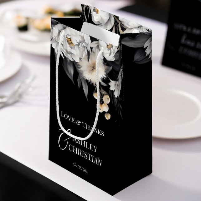Bolsa De Regalo Pequeña Elegante y negro favores de boho (Black and white elegant boho wedding favors personalized  gift bag white peonies gift bag thank you )