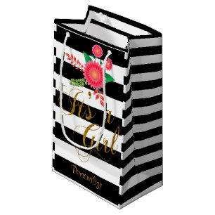 Bolsa De Regalo Pequeña Elegantes rayas blancas y negras con flores rosas