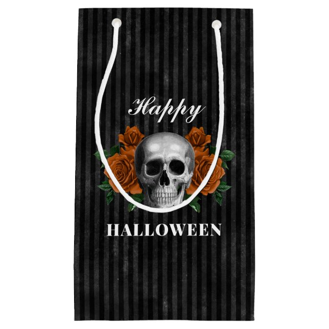 Bolsa De Regalo Pequeña Elegantes Rosas góticos y cráneo Feliz Halloween (Anverso)