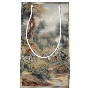 Bolsa De Regalo Pequeña Escena botánica de cebras y leones en un oasis