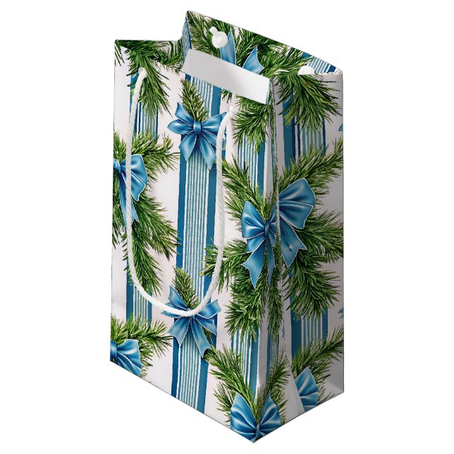 BOLSA DE REGALO PEQUEÑA EVERGREEN GARLAND BLUE HOLIDAYS BOWS & STRIPES (Angulo Anverso)