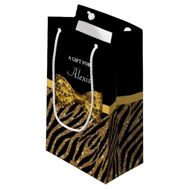 Bolsa De Regalo Pequeña FALSO arco del Glitz del estampado de zebra con (Angulo Anverso)