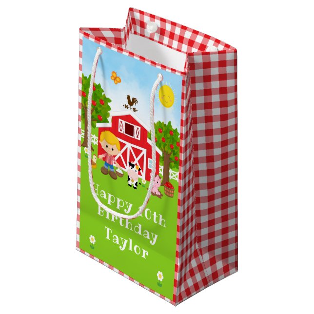 Bolsa De Regalo Pequeña Farm Red Barn Blonde Hair Boy Feliz Cumpleaños (Angulo Anverso)
