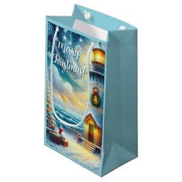 Bolsa De Regalo Pequeña Faro de árbol de navidad azul costero náutico