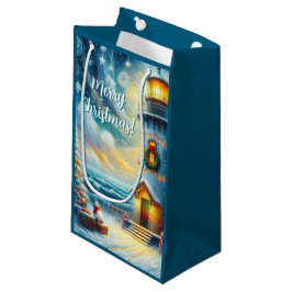 Bolsa De Regalo Pequeña Faro de árbol de navidad azul costero náutico
