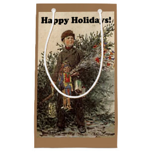Bolsa De Regalo Pequeña Felices Fiestas Niño Árbol de Navidad Arte de vint
