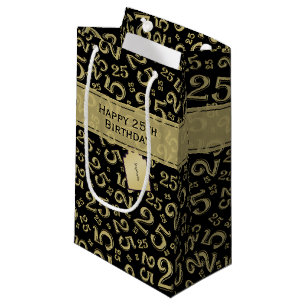 Bolsa De Regalo Pequeña Feliz 25º Nacimiento Patrón de números negro/oro