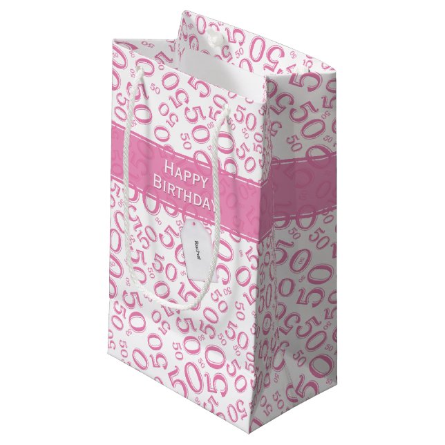 Bolsa De Regalo Pequeña Feliz 50.º patrón de número de cumpleaños rosa/bla (Angulo Anverso)