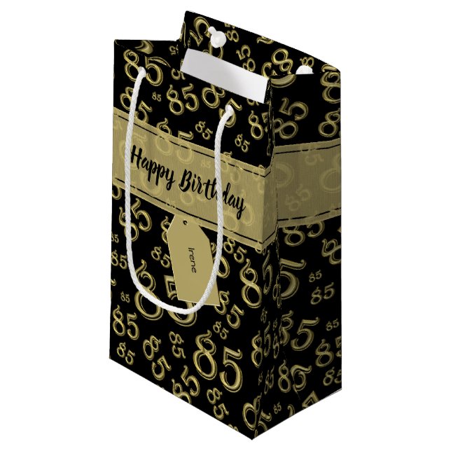 Bolsa De Regalo Pequeña Feliz 85º Nacimiento Patrón de números Negro/Oro (Angulo Anverso)