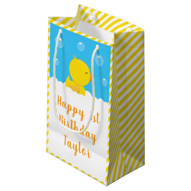 Bolsa De Regalo Pequeña Feliz cumpleaños azul y amarillo de goma Ducky (Angulo Anverso)