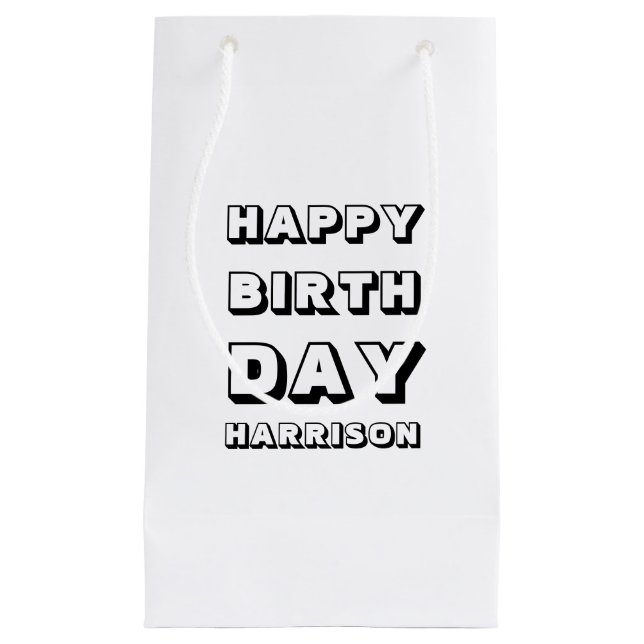 Bolsa De Regalo Pequeña Feliz cumpleaños blanco negro nombre personalizado (Anverso)