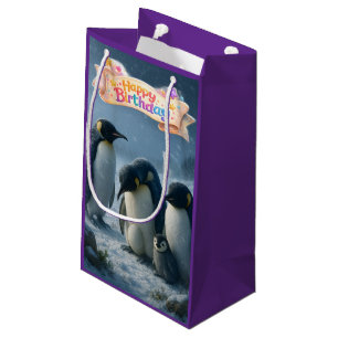 Bolsa De Regalo Pequeña Feliz cumpleaños, pingüino emperador púrpura artís