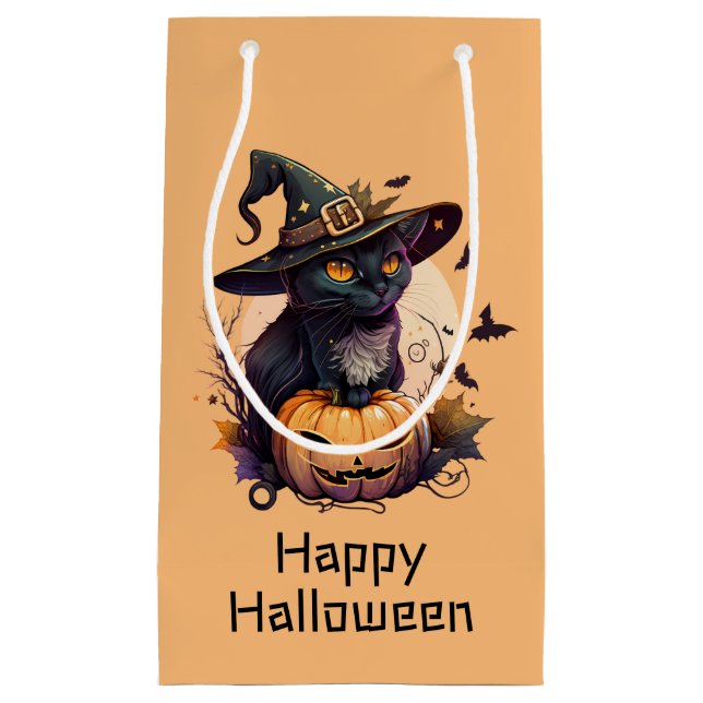 Bolsa De Regalo Pequeña Feliz Halloween Black Cat Pumpkin | Naranja ligero (Anverso)