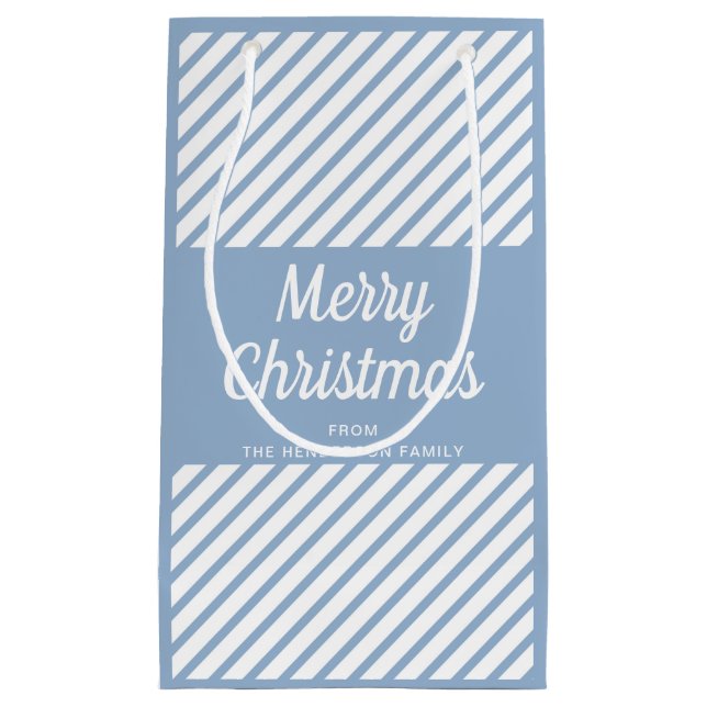 Bolsa De Regalo Pequeña Feliz Navidad en letra script con rayas azules mod (Anverso)
