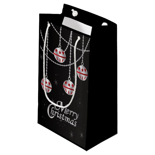 Bolsa De Regalo Pequeña Feliz Navidad Festividad Plata y Ornamentos Rojos (Angulo Anverso)