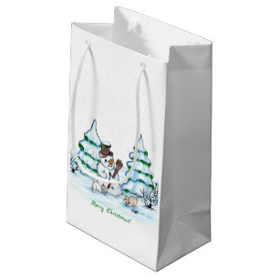 Bolsa De Regalo Pequeña ¡Feliz Navidad! Hombre de nieve con gato y cachorr