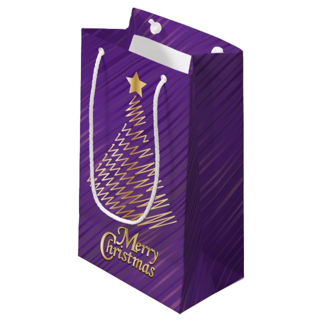 Bolsa De Regalo Pequeña Feliz Navidad Morado y Árbol de oro (Angulo Anverso)