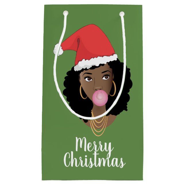 Bolsa De Regalo Pequeña Feliz Navidad! Mujer negra, goma de Santa Hat (Anverso)