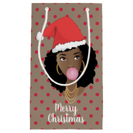 Bolsa De Regalo Pequeña Feliz Navidad! Mujer negra, Santa Hat, puntos rojo