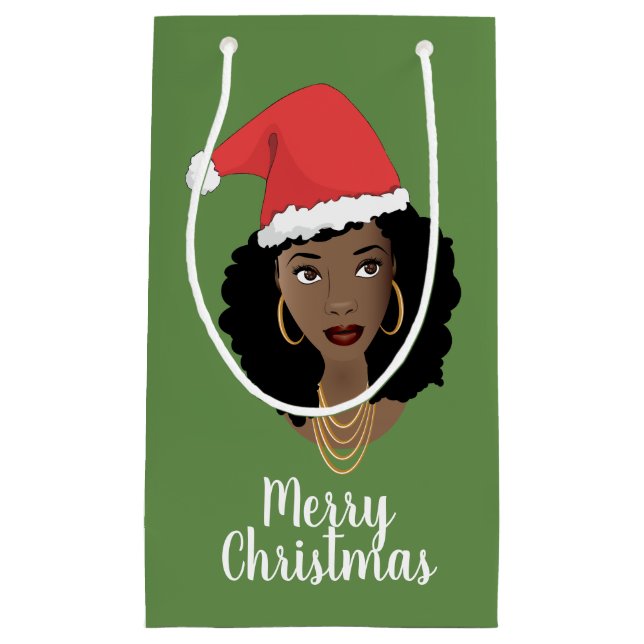 Bolsa De Regalo Pequeña Feliz Navidad! Mujer negra, Sombrero rojo de Santa (Anverso)