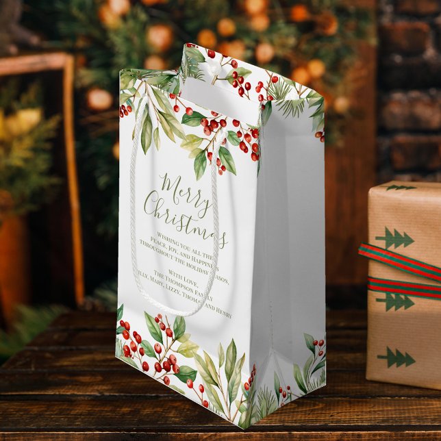 Bolsa De Regalo Pequeña Feliz Navidad Red Holly Greenery Personalizado (Red holly and greenery Merry Christmas custom gift bag - Small)
