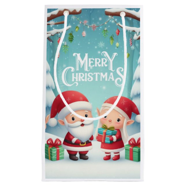 Bolsa De Regalo Pequeña Feliz Navidad/santa/nieve de elfos (Anverso)