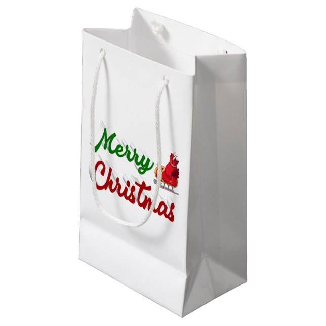 Bolsa De Regalo Pequeña Feliz Navidad Santa Sleigh guión verde rojo (Angulo Anverso)