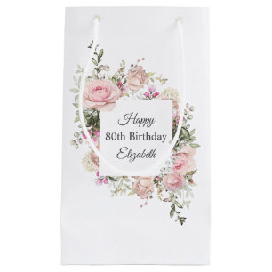 Bolsa De Regalo Pequeña Feminine Pink Roses Floral 80 cumpleaños con nombr