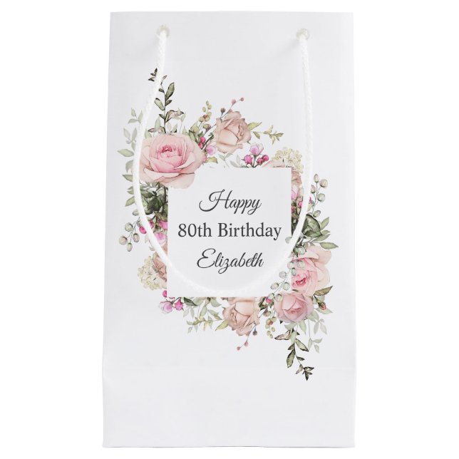 Bolsa De Regalo Pequeña Feminine Pink Roses Floral 80 cumpleaños con nombr (Anverso)