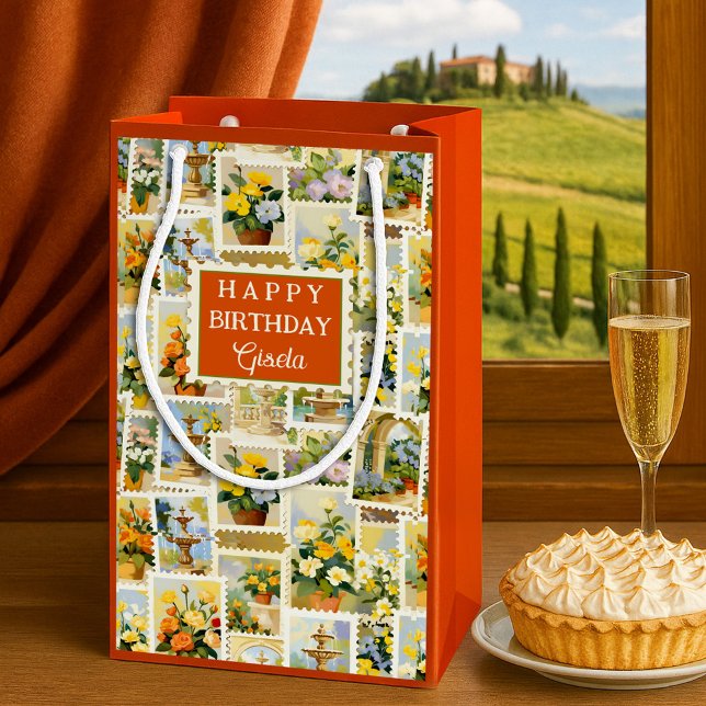 Bolsa De Regalo Pequeña Festive Italian Pattern Small  (Small gift bag featuring a whimsical illustration of flowers and fountains in Italian style)