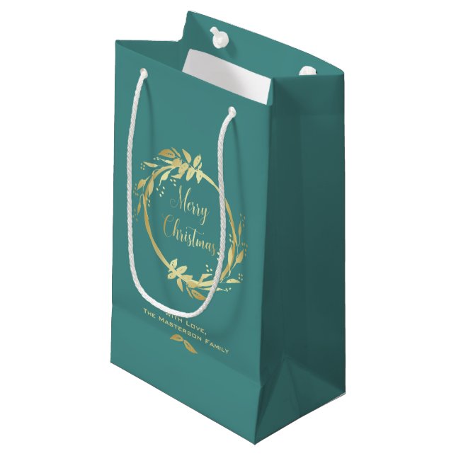 Bolsa De Regalo Pequeña Festividad verde azulada de oro Feliz Navidad Holl (Angulo Anverso)