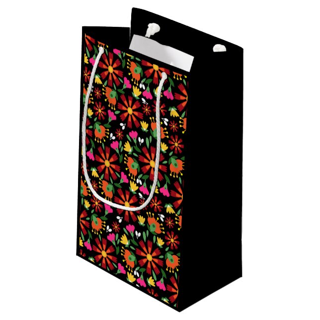 Bolsa De Regalo Pequeña Fiesta de flores étnicas negras bordado mexicano (Angulo reverso)