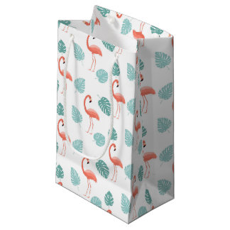 BOLSA DE REGALO PEQUEÑA FLAMENCOS ROSAS Y HOJAS TROPICALES VERDES