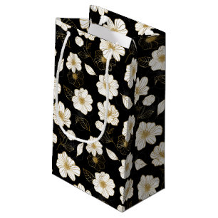 Bolsa De Regalo Pequeña Flores blancas y doradas sobre negro