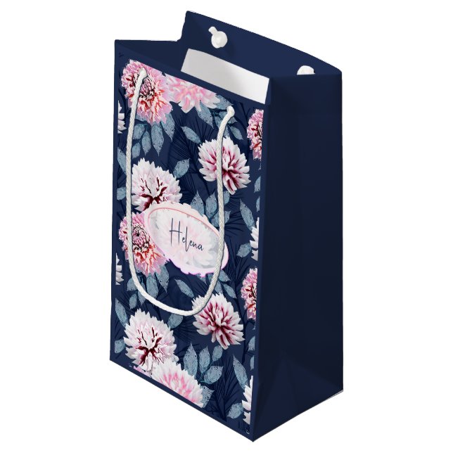 Bolsa De Regalo Pequeña Flores blancas y rosas sobre azul oscuro. (Angulo Anverso)