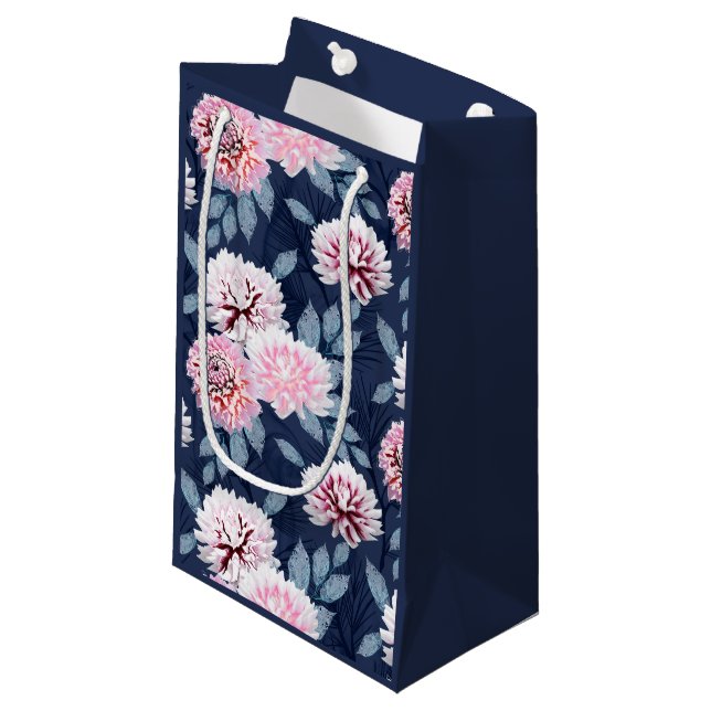 Bolsa De Regalo Pequeña Flores blancas y rosas sobre azul oscuro. (Angulo Anverso)