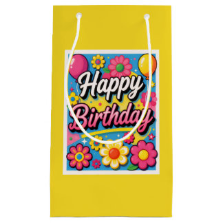 Bolsa De Regalo Pequeña Flores y globos de cumpleaños felices brillantes A