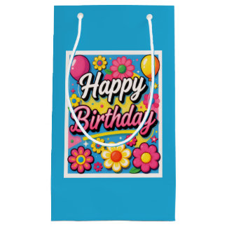 Bolsa De Regalo Pequeña Flores y globos de cumpleaños felices brillantes a