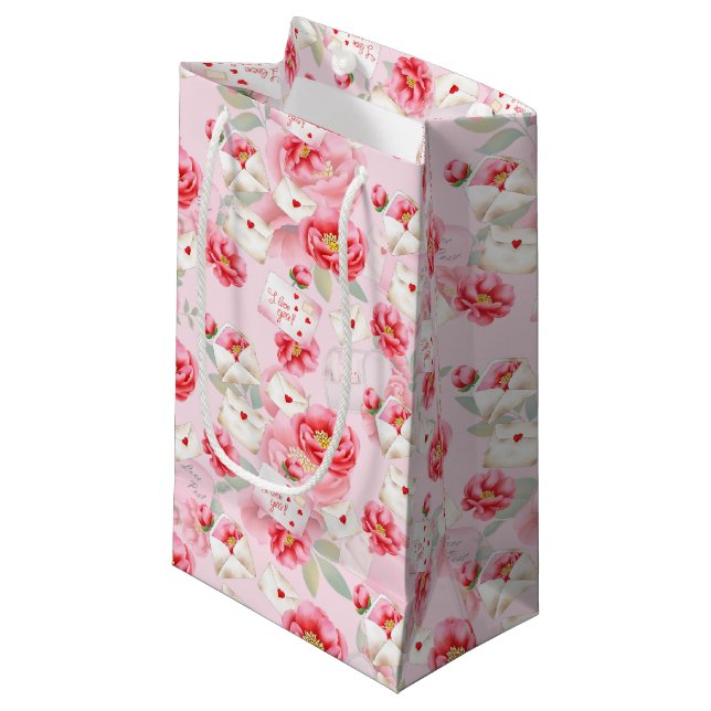 BOLSA DE REGALO PEQUEÑA FLORES Y VALENTINAS DE ROSA NOTAS DE AMOR (Angulo Anverso)