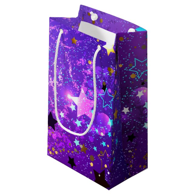 Bolsa De Regalo Pequeña Fondo de Relieve metalizado púrpura con estrellas (Angulo Anverso)