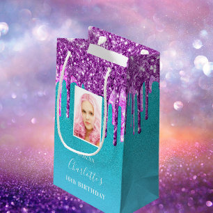Bolsa De Regalo Pequeña foto de cumpleaños purpurina morado verde azulado