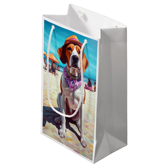 Bolsa De Regalo Pequeña Foxhound inglés americano en la playa, regalo de v (Angulo Anverso)