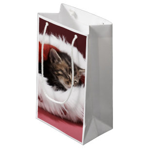 Bolsa De Regalo Pequeña Gatito dormido en gorra del navidad