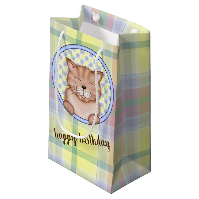 Bolsa De Regalo Pequeña gato de cumpleaños en plaid (Angulo Anverso)