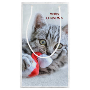 Bolsa De Regalo Pequeña Gato de grisáceo lindo con Navidades Gorras navida